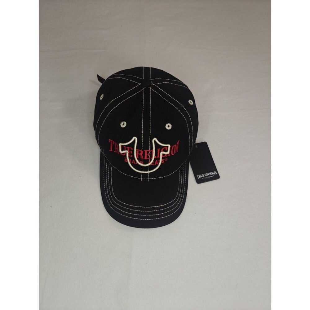 True Religion Black Baseball Cap Hat Horseshoe Logo Leather Strap Adjustable NWT